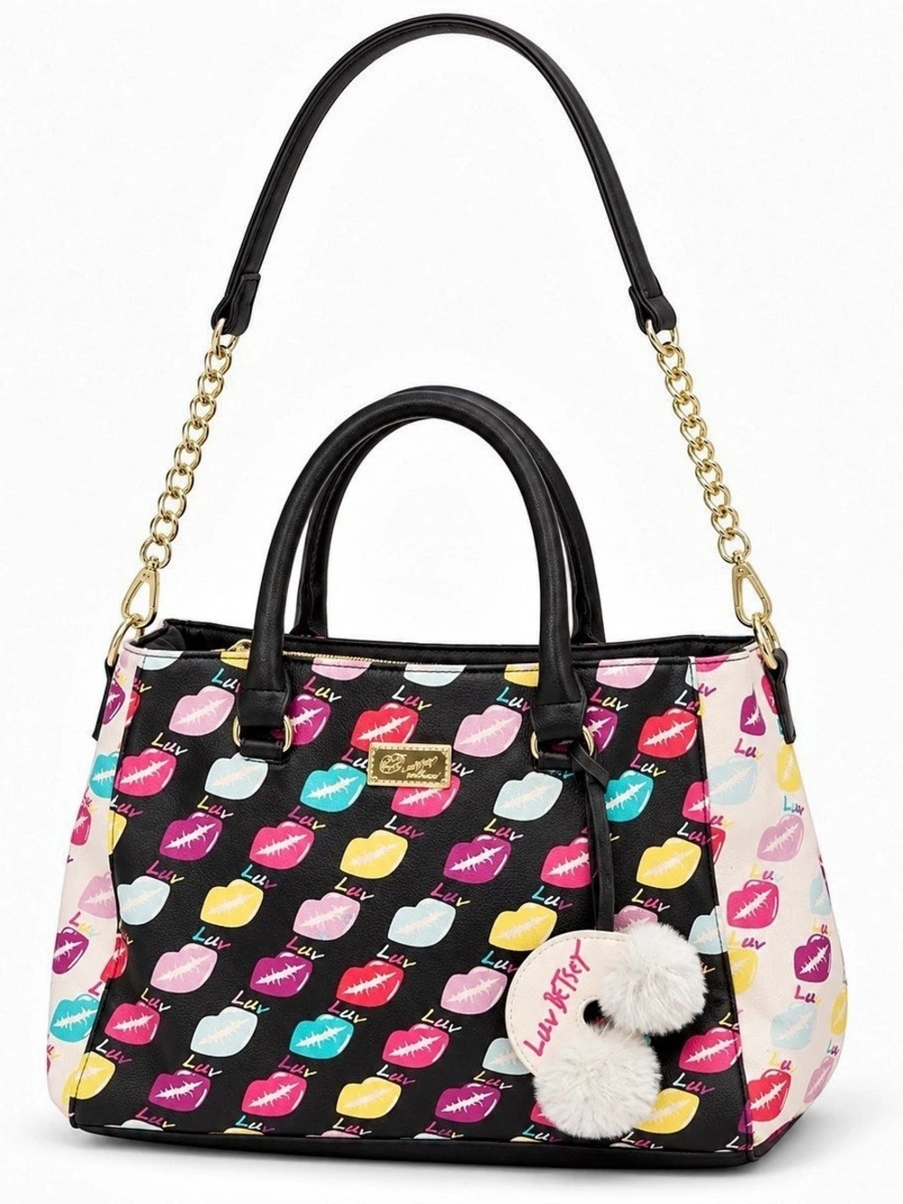 Luv Betsey Lips Print Satchel in Black & Pink Like New